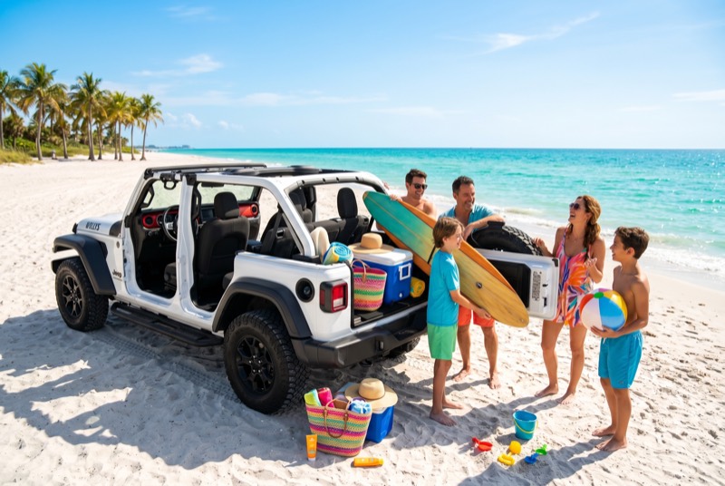 Family loading a doors-off Jeep Willys for a Naples beach day